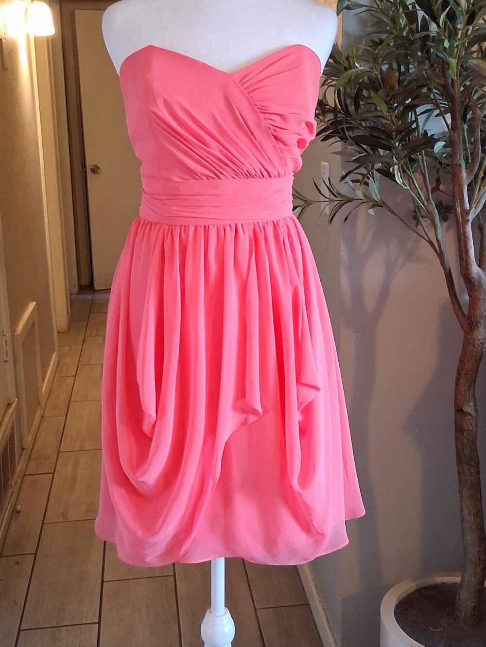 Alfred Angelo Strapless Coral Dress with Draped Skirt Sz16 Zip Back Bridesmaid